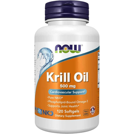 Frasco de suplemento NOW Foods Aceite de Krill 500 mg 120 cápsulas blandas