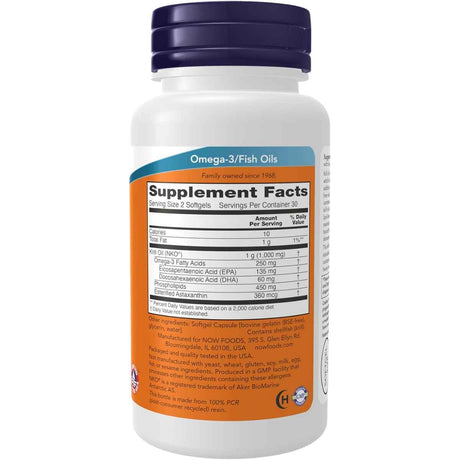 Tabla nutricional del suplemento NOW Foods Aceite de Krill 500 mg 60 cápsulas blandas
