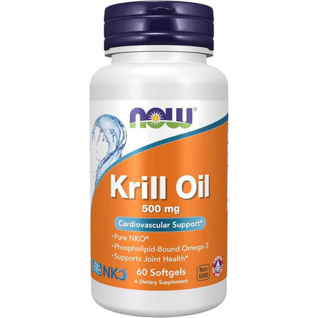 Frasco de suplemento NOW Foods Aceite de Krill 500 mg 60 cápsulas blandas