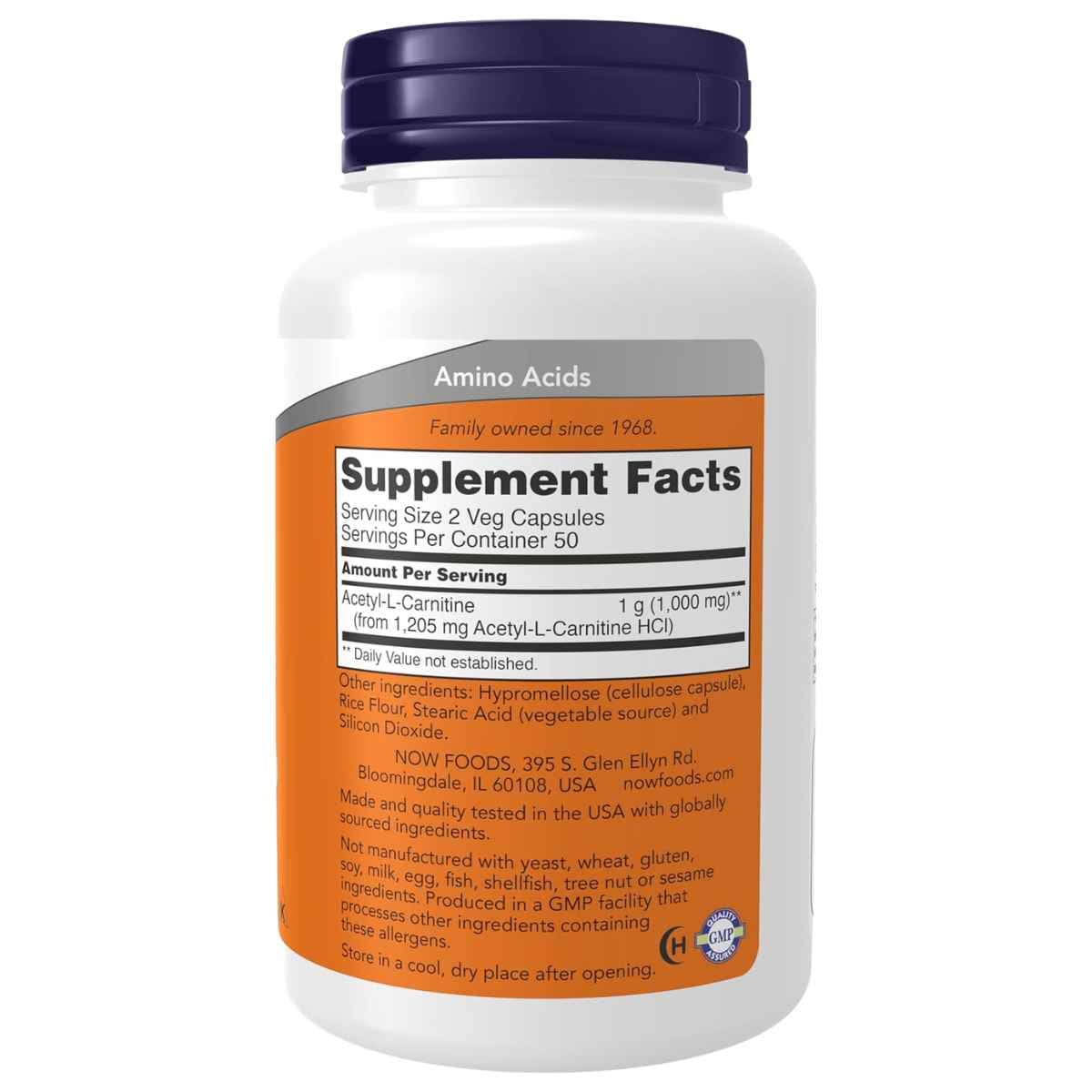 Tabla nutricional del suplemento Now Foods Acetil-L-Carnitina 100 cápsulas