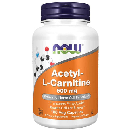 Frasco de suplemento Now Foods Acetil-L-Carnitina 100 cápsulas