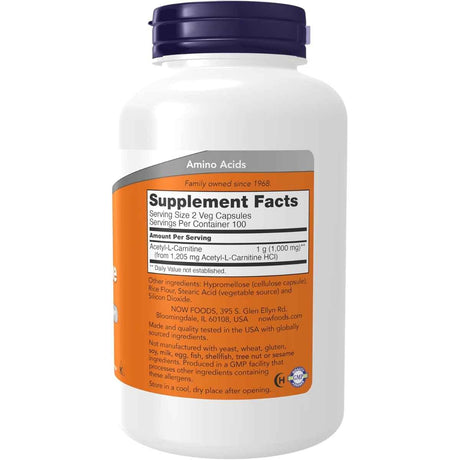 Tabla nutricional del suplemento Now Foods Acetil-L-Carnitina 200 cápsulas