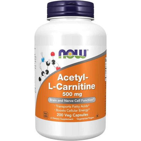 Frasco de suplemento Now Foods Acetil-L-Carnitina 200 cápsulas