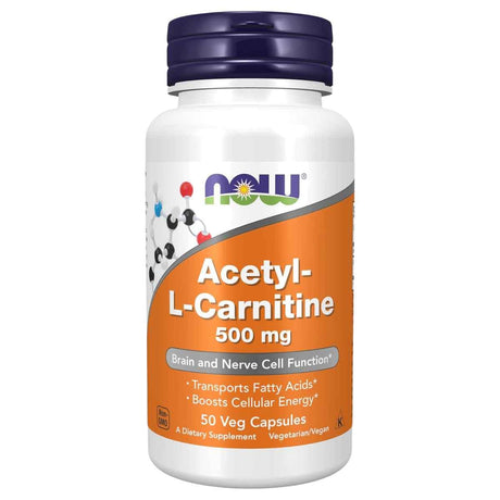 Frasco de suplemento Now Foods Acetil-L-Carnitina 50 cápsulas