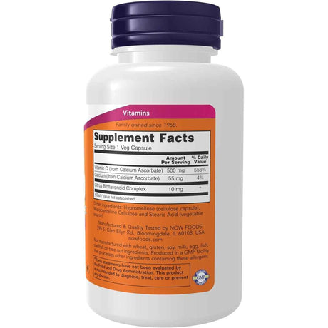 Tabla nutricional del suplemento NOW Foods Ascorbato de Calcio 500 100 cápsulas