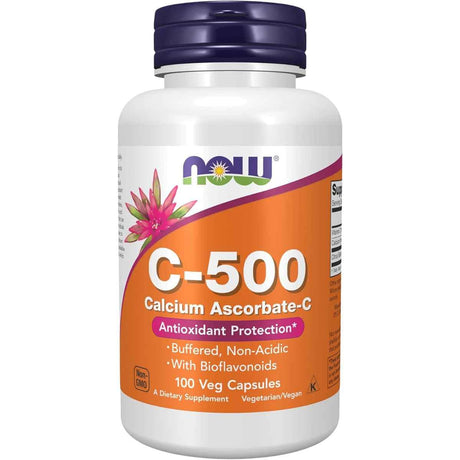Frasco de suplemento NOW Foods Ascorbato de Calcio 500 100 cápsulas