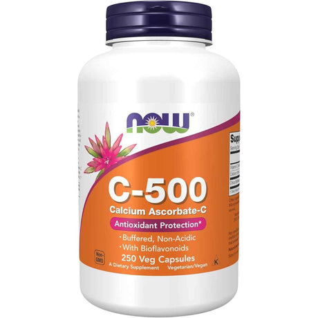 Frasco de suplemento NOW Foods Ascorbato de Calcio 500 250 cápsulas