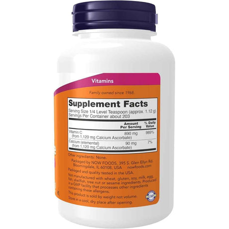 Tabla nutricional del suplemento NOW Foods Ascorbato de Calcio 8 oz