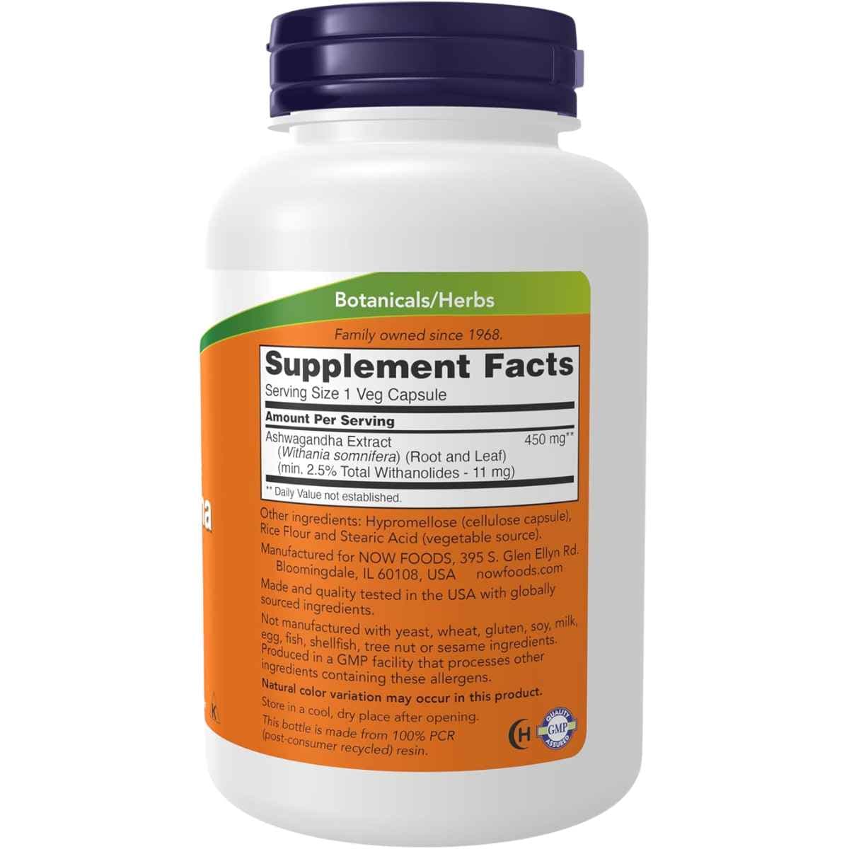Tabla nutricional del suplemento Now Foods Ashwagandha 180 cápsulas vegetales