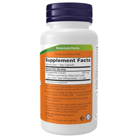Tabla nutricional del suplemento Now Foods Ashwagandha 90 cápsulas vegetales