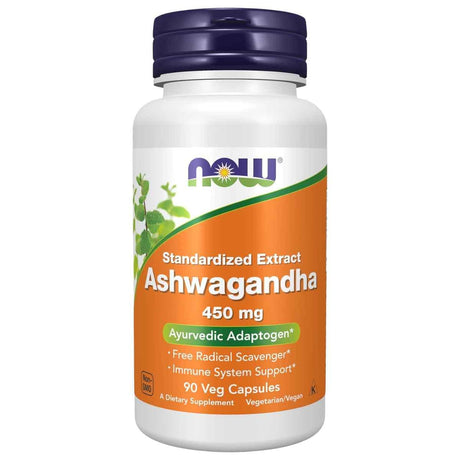 Frasco de suplemento Now Foods Ashwagandha 90 cápsulas vegetales