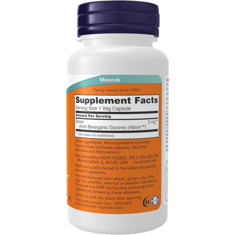 Tabla nutricional del suplemento Now Foods Boro 100 cápsulas vegetales