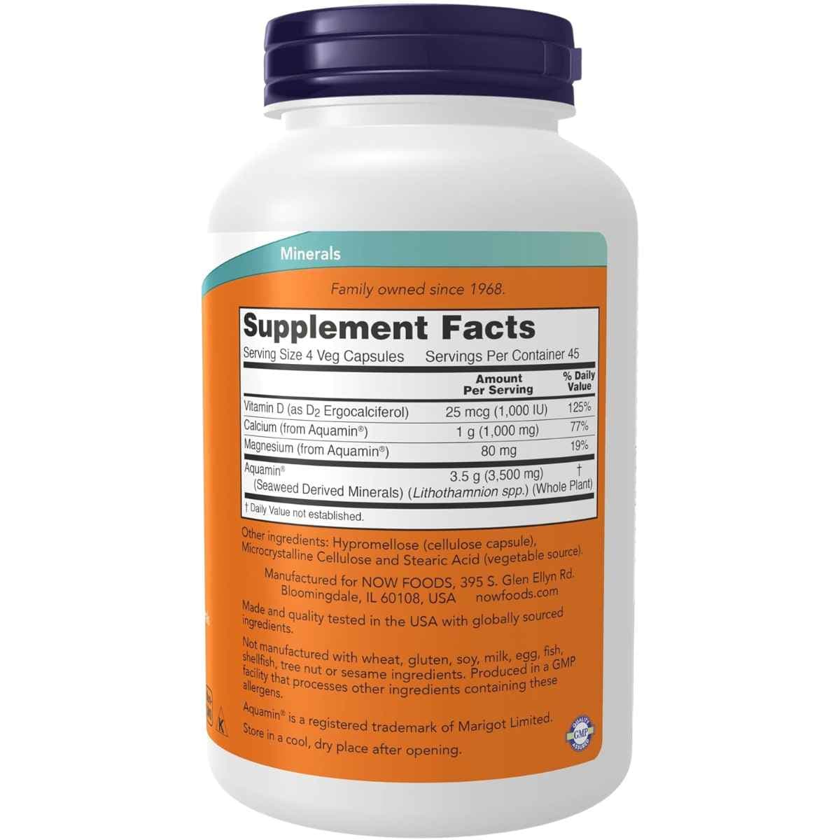 Tabla nutricional del suplemento NOW Foods Calcio de Algas Rojas 180 cápsulas vegetales