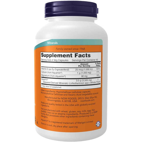 Tabla nutricional del suplemento NOW Foods Calcio de Algas Rojas 180 cápsulas vegetales