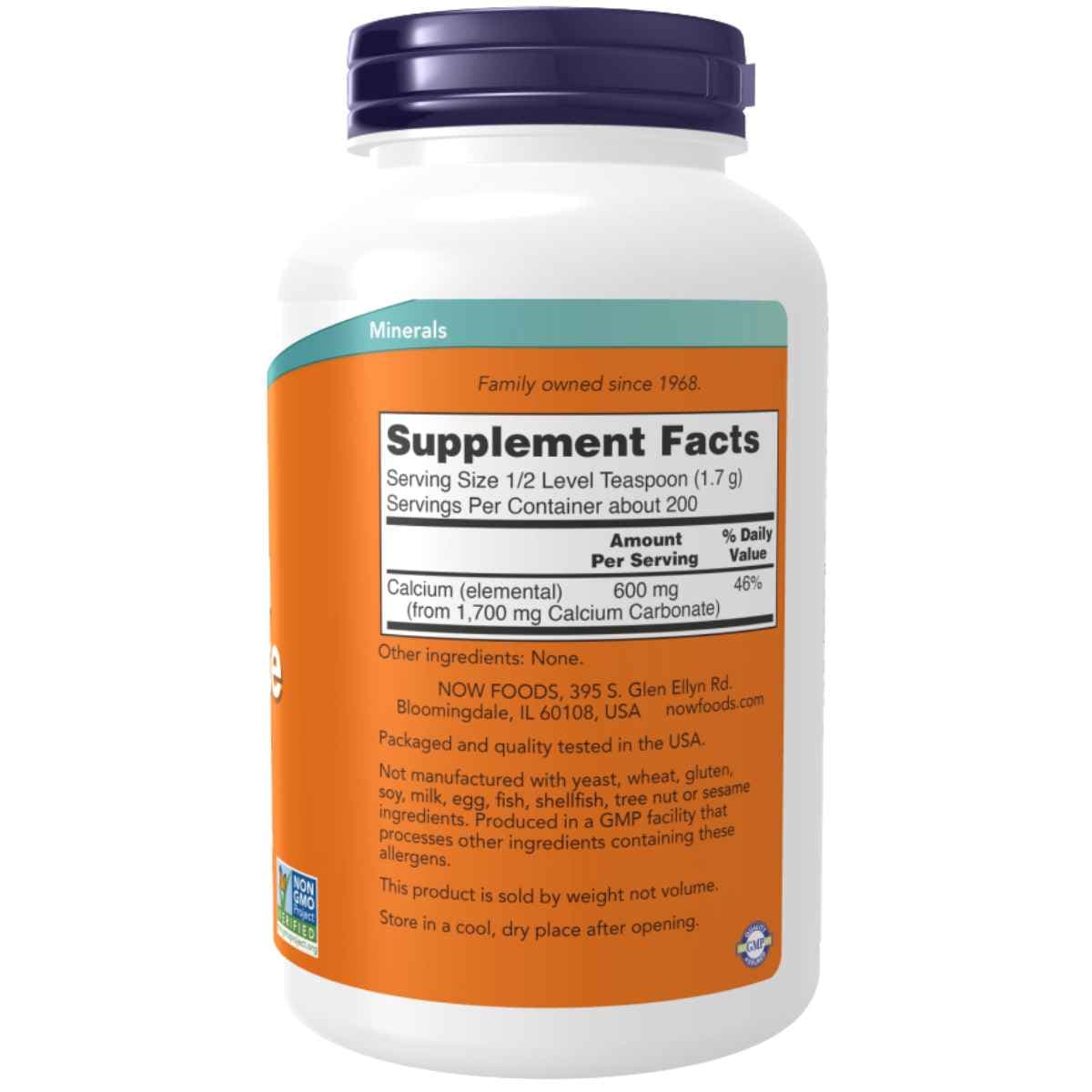 Tabla nutricional del suplemento Now Foods Carbonato de Calcio polvo puro 12 OZ