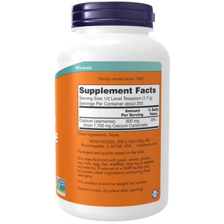 Tabla nutricional del suplemento Now Foods Carbonato de Calcio polvo puro 12 OZ