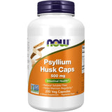 Frasco de suplemento Now Foods Cáscara de Psyllium 500 mg 200 cápsulas