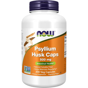 Frasco de suplemento Now Foods Cáscara de Psyllium 500 mg 200 cápsulas
