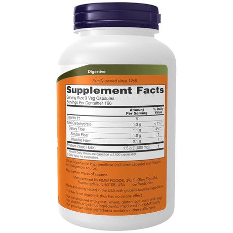 Tabla nutricional del suplemento Now Foods Cáscara de Psyllium 500 mg 500 cápsulas