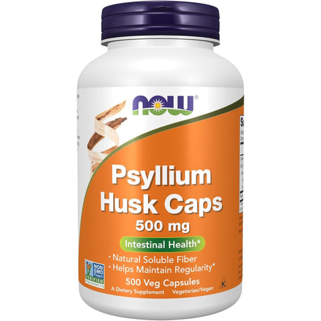 Frasco de suplemento Now Foods Cáscara de Psyllium 500 mg 500 cápsulas