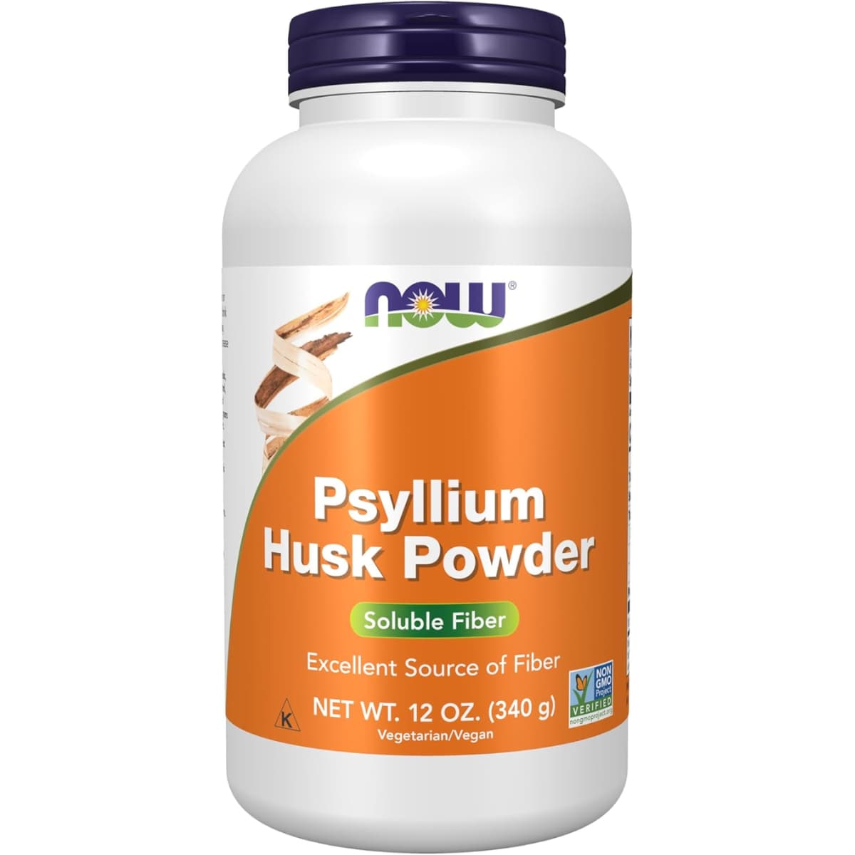 Frasco de suplemento NOW Foods Cáscara de Psyllium en Polvo 6 g 340 g