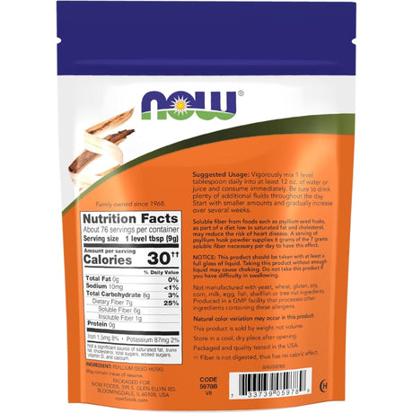 Tabla nutricional del suplemento NOW Foods Cáscara de Psyllium en Polvo 6 g 680 g con 76 porciones