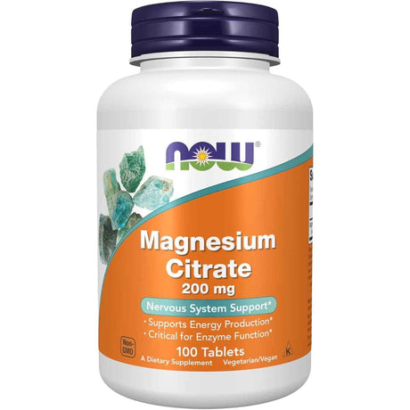 Frasco de suplemento NOW Foods Citrato de Magnesio 200 mg 100 Tabletas