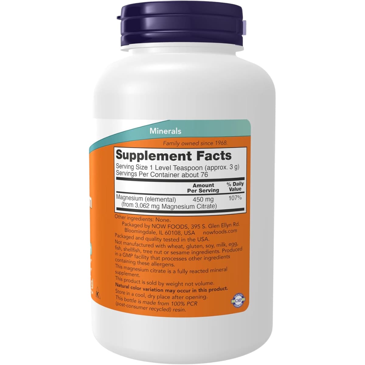 Información del suplemento de NOW Foods citrato de magnesio puro en polvo de 227 g