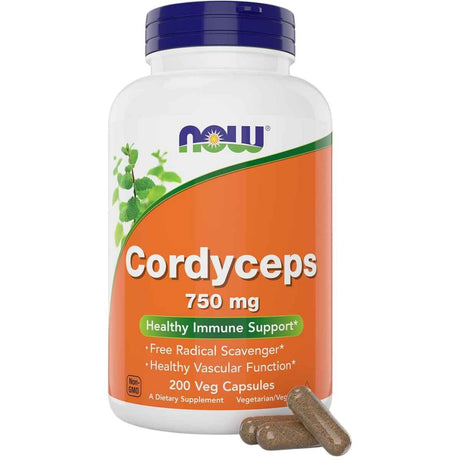 Frasco de suplemento NOW Foods Cordyceps 750 mg 200 cápsulas