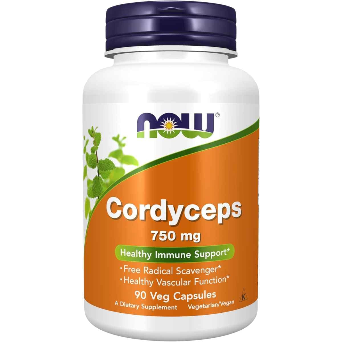 Frasco de suplemento NOW Foods Cordyceps 750 mg 90 cápsulas