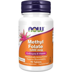Frasco de suplemento NOW Foods Folato de Metilo 1000 mcg 90 tabletas