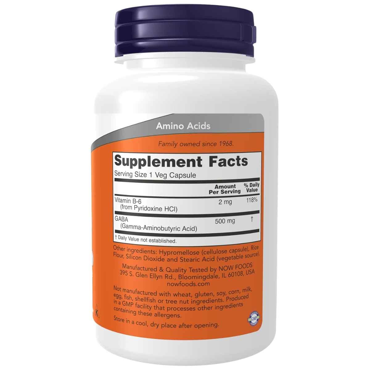 Información del suplemento de NOW Foods GABA 500 mg con vitamina B-6 en presentación de 100 cápsulas vegetales.