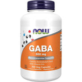 Frasco frontal de NOW Foods GABA 500 mg con vitamina B-6, presentación de 200 cápsulas vegetales.