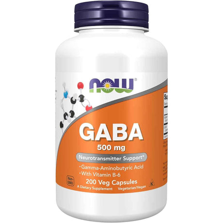 Frasco frontal de NOW Foods GABA 500 mg con vitamina B-6, presentación de 200 cápsulas vegetales.