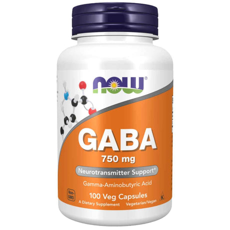Frasco de suplemento NOW Foods GABA 750 mg 100 Cápsulas Vegetales