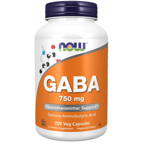 Frasco de suplemento NOW Foods GABA 750 mg 200 Cápsulas Vegetales