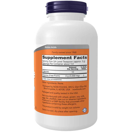 Tabla nutricional del suplemento Now Foods Glicina en Polvo Pura 1 lb