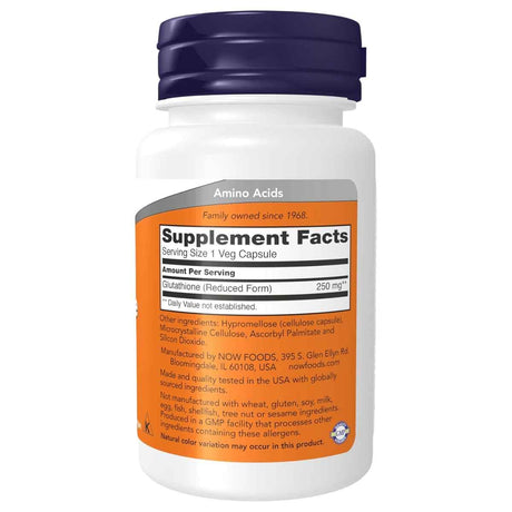 Panel posterior de NOW Foods glutatión reducido 250 mg con modo de uso y advertencias