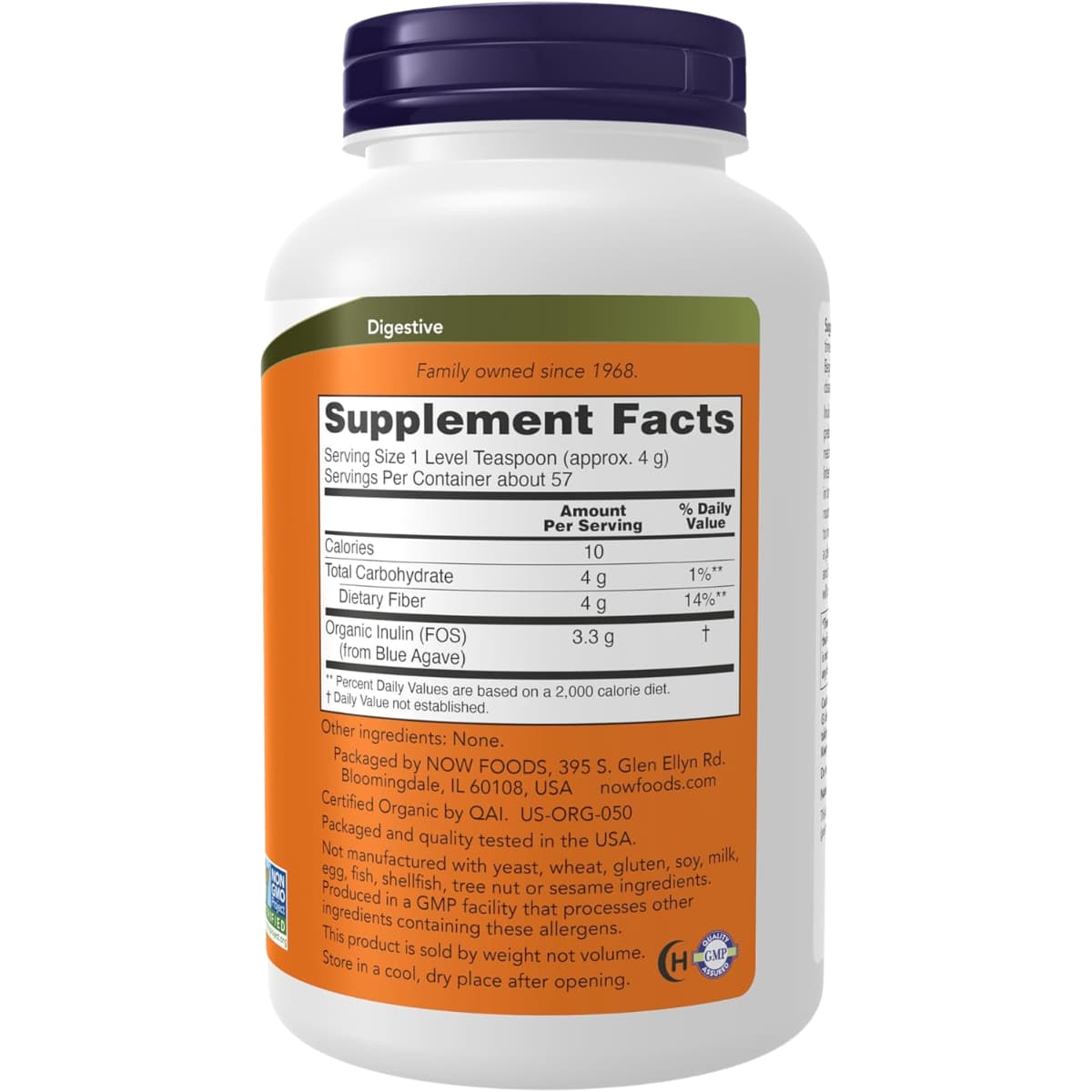 Tabla nutricional del suplemento NOW Foods Inulina Orgánica de 227 g detallando 57 porciones