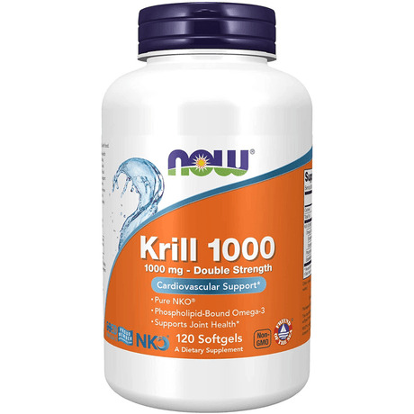 Frasco de Now Foods Krill 1000 aceite de krill 1000 mg, presentación de 120 cápsulas blandas
