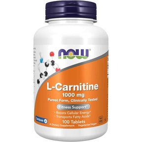 Frasco de L‑carnitina 1000 mg en tabletas de la marca Now Foods, presentación de 100 unidades