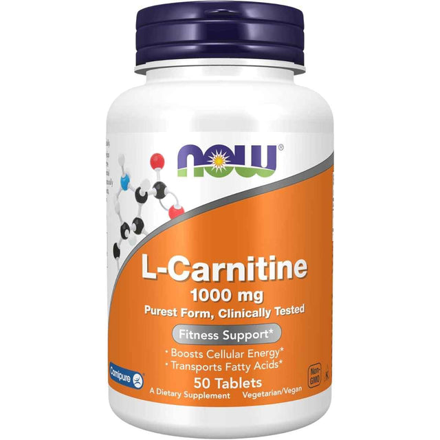 Frasco de L‑carnitina 1000 mg en tabletas de la marca Now Foods, presentación de 50 unidades