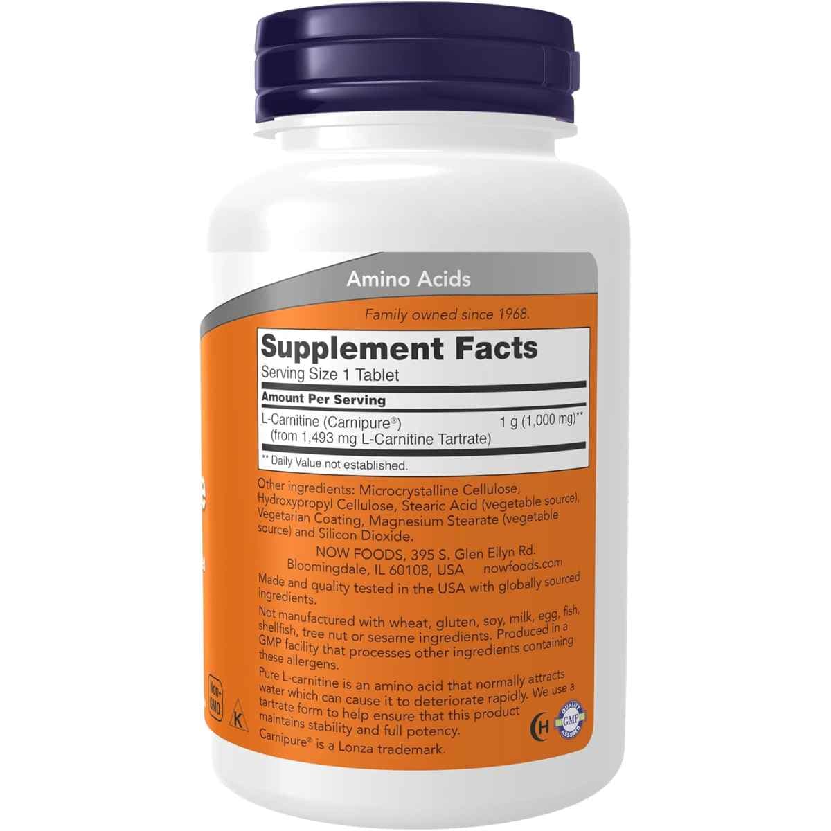 Tabla nutricional del suplemento Now Foods L‑carnitina 1000 mg en tabletas con información de ingredientes y valores por porción