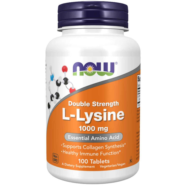 Frasco de suplemento NOW Foods L-Lisina 1000 mg 100 tabletas