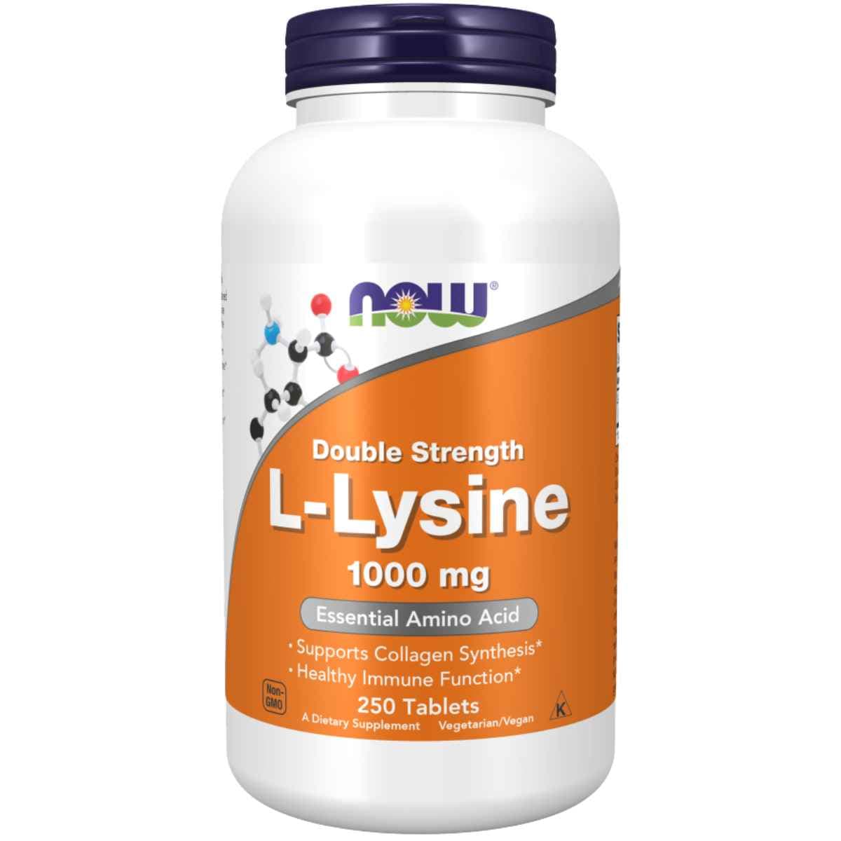 Frasco de suplemento NOW Foods L-Lisina 1000 mg 250 tabletas