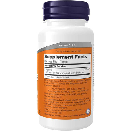 Tabla nutricional del suplemento NOW Foods L-Lisina 500 mg 100 tabletas