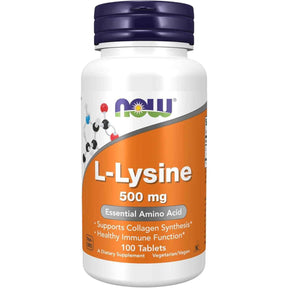 Frasco de suplemento NOW Foods L-Lisina 500 mg 100 tabletas