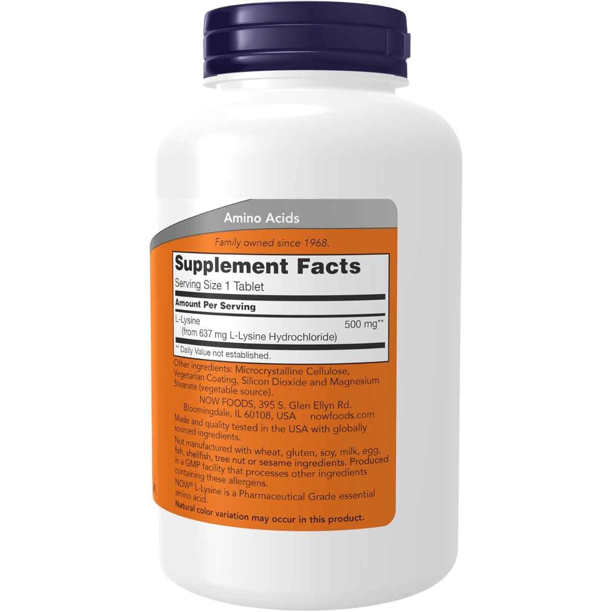 Tabla nutricional del suplemento NOW Foods L-Lisina 500 mg 250 tabletas