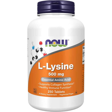 Frasco de suplemento NOW Foods L-Lisina 500 mg 250 tabletas