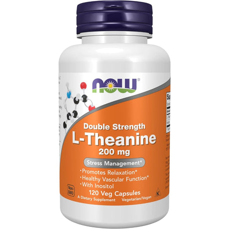 Frasco de suplemento NOW Foods L-Teanina 200 mg 120 cápsulas